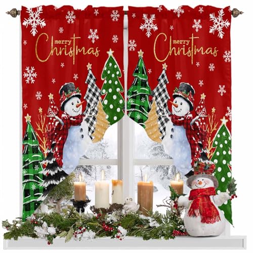 Red Green Snowman Christmas Window Valance 28x36in - 1 Pair Slim Scalloped Swag Curtains