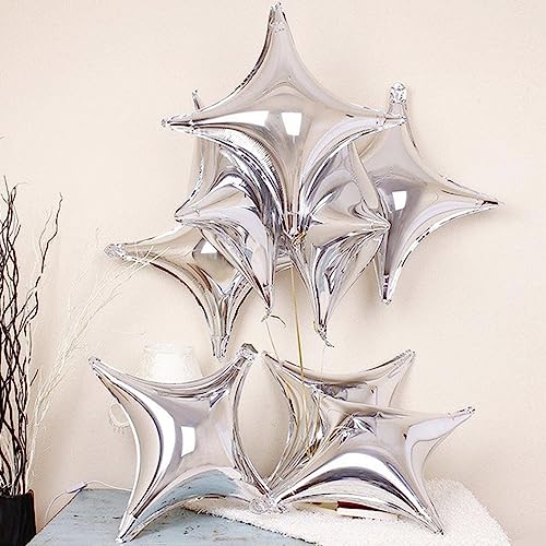 50Pcs 10 Inch Silver Star Foil Balloons Silver Star Mylar Balloon Kit with 60Pcs Balloon Glue Point and 5Pcs Straws for Birthday Baby Shower Engagement Anniversary Wedding Party Decoration