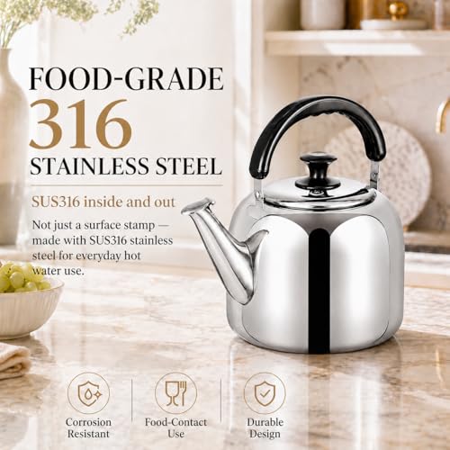 3.1 Quart Whistling Stovetop Tea Kettle - Food Grade 316 Stainless Steel, Fast Boil with Ergonomic Handle