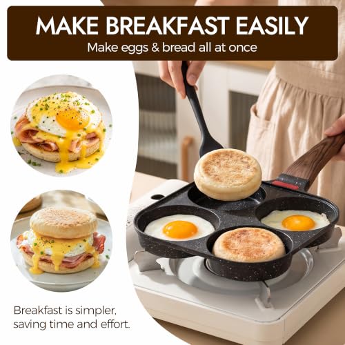 Nonstick 4-Cup Egg Pan with Lid and Silicone Scraper - Black Variation