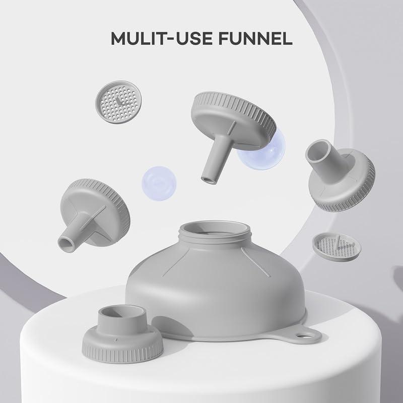Pisol Wide Mouth Funnel Set - Versatile Food Grade Plastic Kitchen Funnels with 4 Spouts & 2 Strainers, Grey