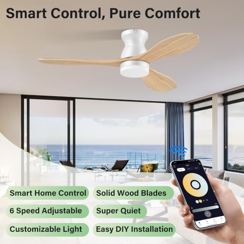 42-Inch Wood Flush Mount Ceiling Fan with Lights Remote Control - White & Light Wood
