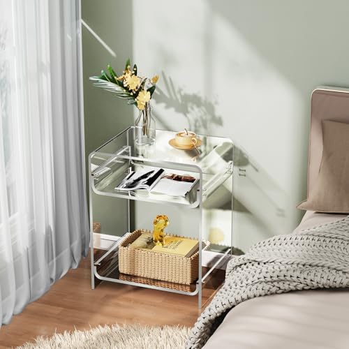 Acrylic End Table with Storage Shelf - Clear Nightstand for Record Player & Magazines (15.7x19.7x11.8)