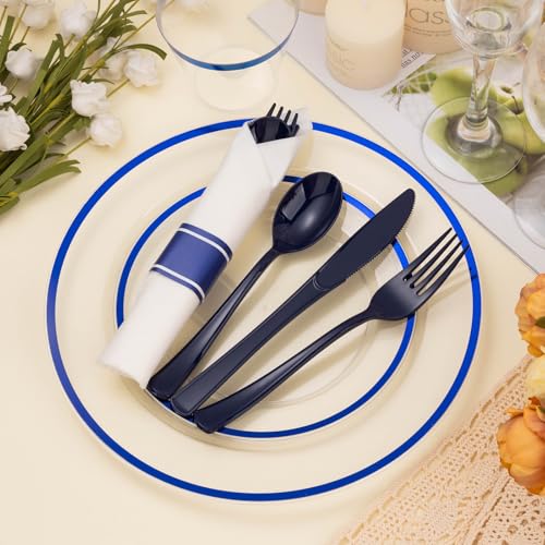 Blue Disposable Plastic Plate Set for 50 Guests - 350 Pieces