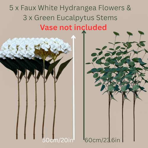 RyddeligHome White Faux Hydrangea & Eucalyptus Floral Arrangement for Vase — Real Touch Artificial Flowers for Home Decor