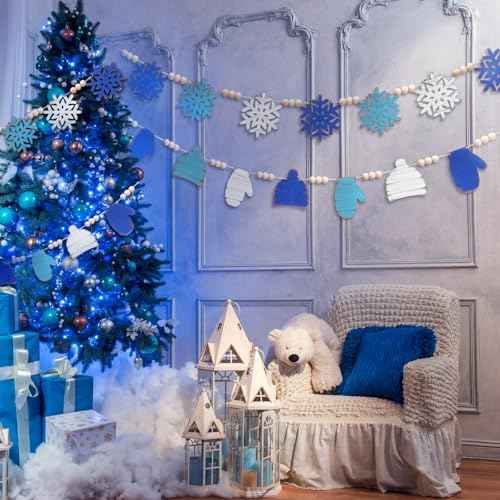 2 Pcs 84 Inches Winter Wood Bead Garland Rustic Wooden Snowflake Hat Gloves Banner Winter Snowflake Blue White Farmhouse Decorations Hello Winter Garland for Winter Holiday Home Fireplace Doorway