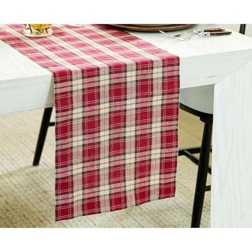 Solino Home Burgundy Tartan 100% Linen Table Runner 14 x 108 Inches