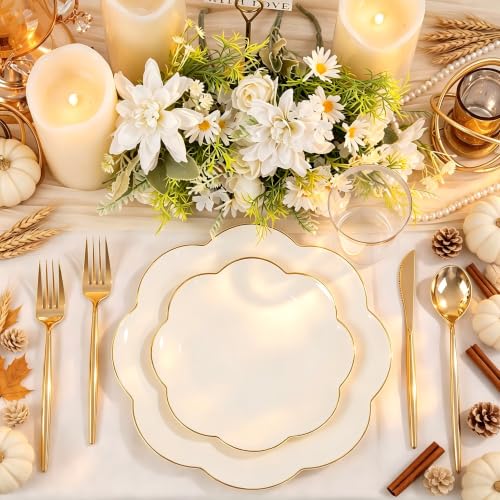 Elegant Gold Rim Ivory Plastic Plates Set for Wedding Gala - Beige & Gold Variation
