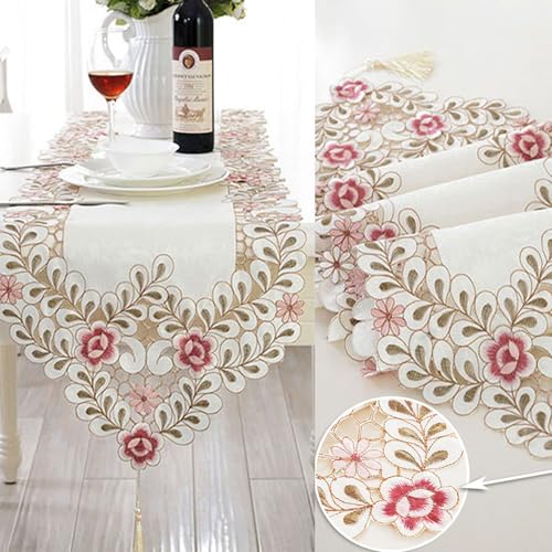 LeLehome 15" X 77" Classic Table Runner, Flowers Embroidery Lace Long Dresser Scarf Floral Cutwork Fabric Table Top Party Wedding Festival Home Decoration - Dark Red Rose