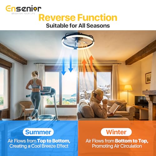 Ensenior 20-Inch Flush Mount Ceiling Fan with Lights, APP Control, Black