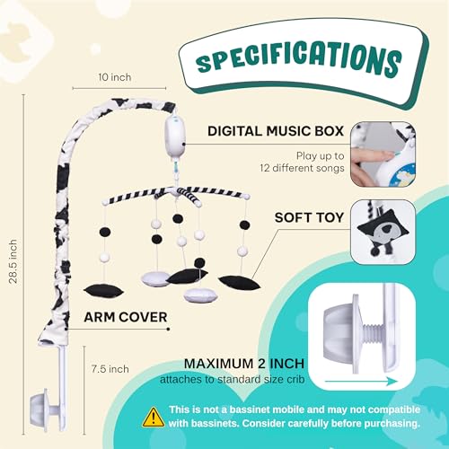 Black and White Montessori Baby Mobile for Crib - Visual Stimulation & Soothing Lullabies