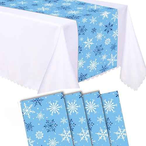 4 Pieces Snowflake Table Runners, Winter Wonderland Holiday Christmas Xmas Birthday Party Favors Supplies Table Runner Party Decorations Table Cover Table Cloth(13 x 108 Inch)