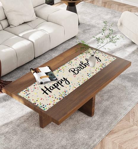 Ueplerts Happy Birthday Table Runner 13x36 Inches Beige Linen Polka Dot, 36in Long