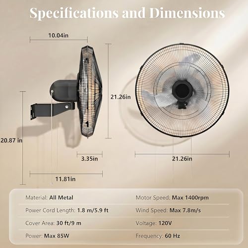 20 Inch Oscillating Wall Mount Fan - 3 Speed Powerful Cooling & Tilt