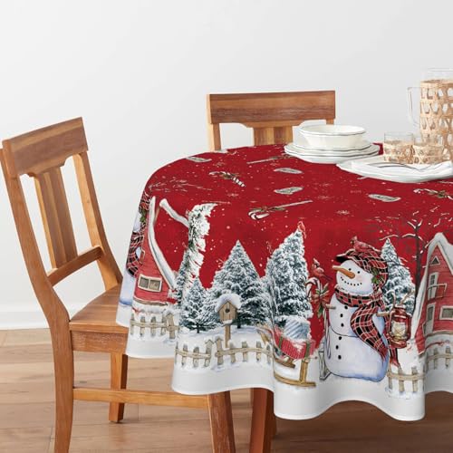Horaldaily Christmas Round Tablecloth 90 Inch Snowman House Red, Winter Holiday Decor