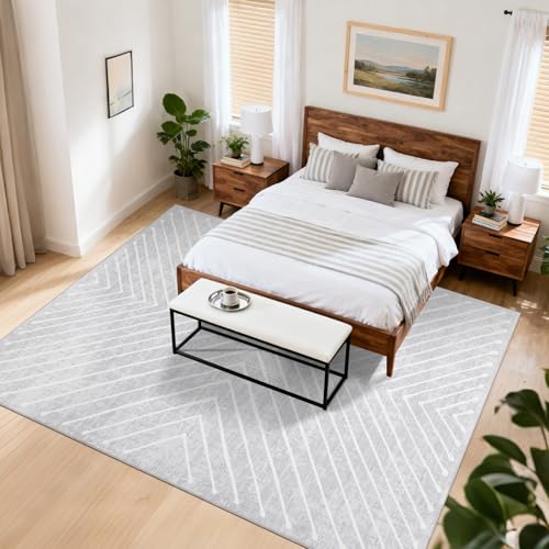 Grey 9x12 Modern Geometric Area Rug Non-Slip Soft Carpet for Living Room
