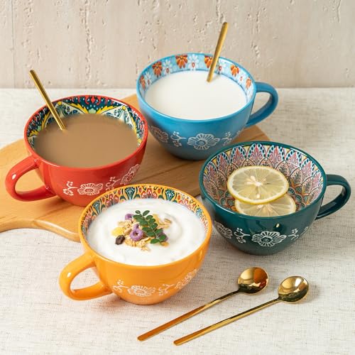 Noevany Boho 4-Piece Ceramic Coffee Mug Set with Spoons - Blue, Green, Red, Orange, 15 oz/450ml, Dishwasher & Microwave Safe