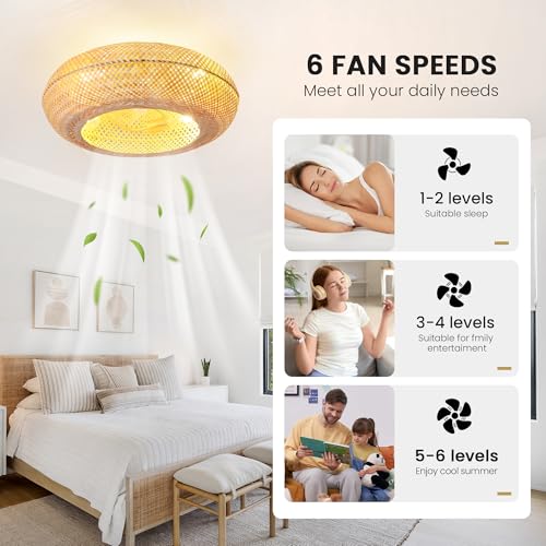 Bamboo Ceiling Fan with Lights 20 Inch Low Profile Rattan Farmhouse Fan - Remote Control