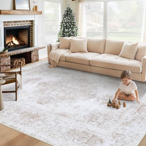 6x9 Beige Vintage Distressed Area Rug - Machine Washable Non-Slip Living Room Carpet
