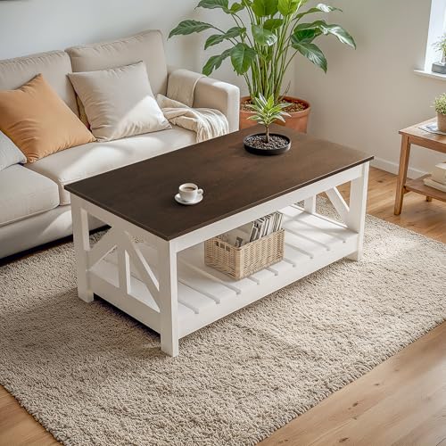YESHOMY Farmhouse Coffee Table with Storage - Brown & White, Rectangular