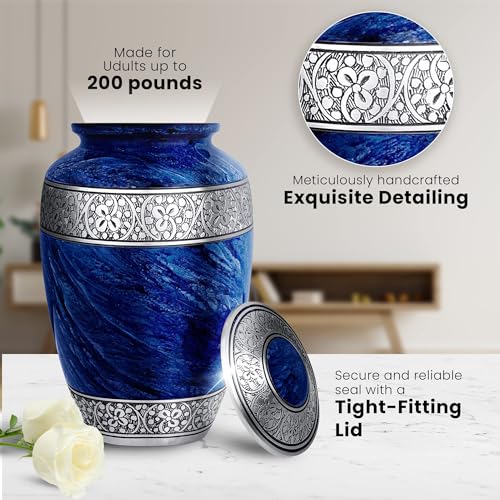 Blue Adult Cremation Urn - Large Memorial Funeral Burial Vase, 200 Cubic Inches