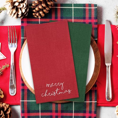Whaline 200 Pcs Christmas Guest Napkins Red & Green Merry Christmas Paper Napkins - Disposable Xmas Guest Hand Napkins