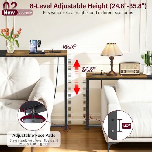 Adjustable Narrow Console Table Behind Couch with 2 Power Outlets, Rustic Brown