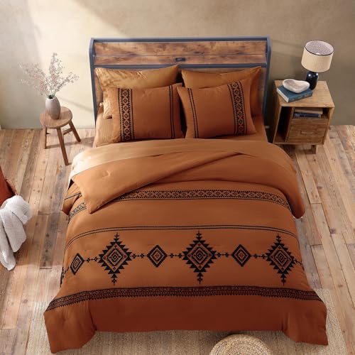 MaiRêve Burnt Orange Queen Embroidery Comforter Set 7 Pieces Bed in a Bag