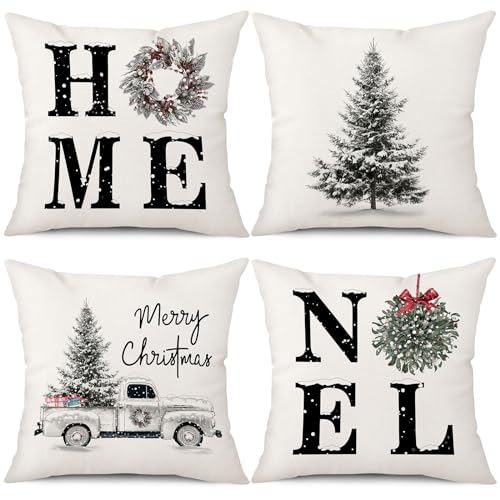 Coeufuedy Christmas Pillow Covers - 18x18 Inch Set of 4 Home Noel Truck Tree Holiday Cushion Covers Farmhouse Christmas Decoration for Sofa Couch Living Room