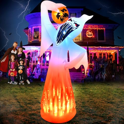 10 Ft Halloween Ghost Inflatable with Pumpkin and LED Lights - Outdoor Yard Decor