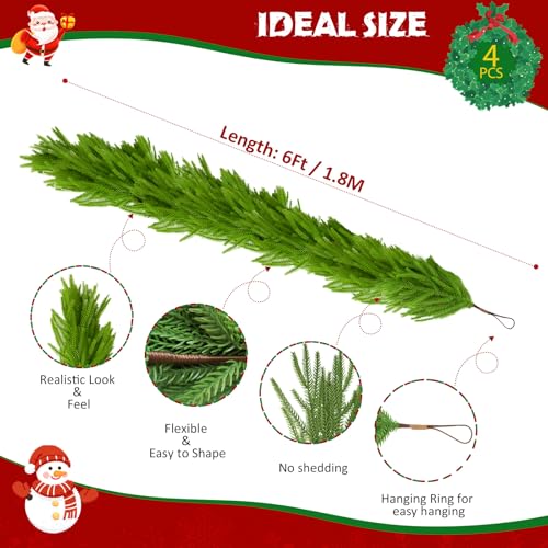 OUREST 6FT Artificial Norfolk Pine Garland 4-Pack - Realistic Holiday Decor