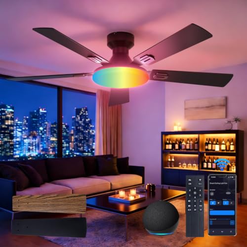 Amico 52-Inch Black RGB Ceiling Fan with Lights, Flush Mount Smart Indoor/Outdoor