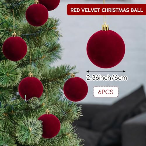 6pcs Velvet Christmas Balls 2.36 Inches Flocked Christmas Hanging Ornaments Ball Red Xmas Tree Velvet Balls for DIY Craft Projects Wedding Christmas Tree Home Decor