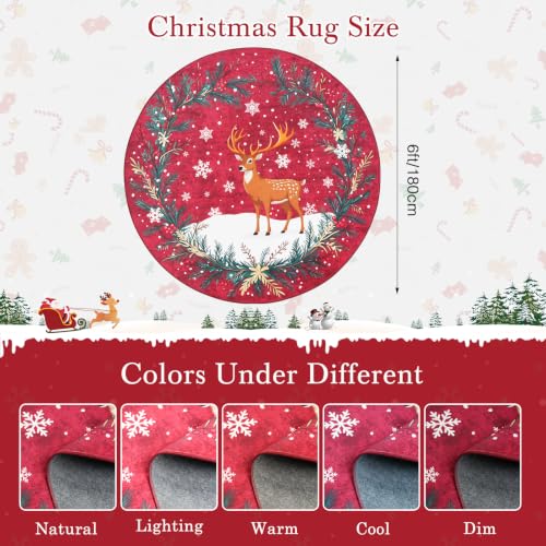 Famibay 6ft Round Christmas Rug with Reindeer & Holiday Design - Washable & Non-Slip Red Living Room & Bedroom Decor