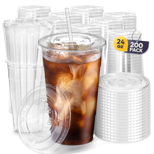 Fit Meal Prep 24 oz Disposable Plastic Coffee Cups with Lids & Straws - 200 Pack