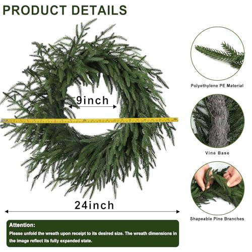 24 Inch Artificial Christmas Pine Wreath for Front Door & Indoor Decor