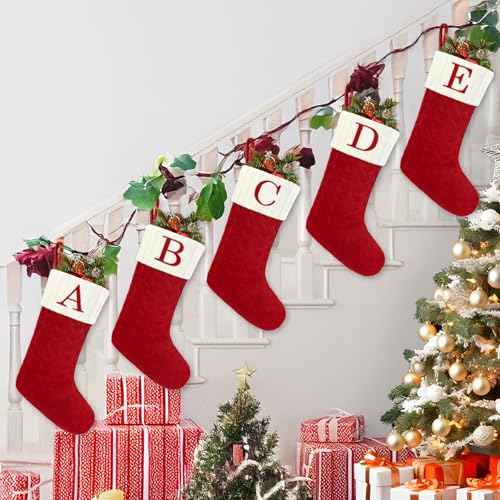 Christmas Stockings with Initials,20 Inches Large Knit Embroidered Letter Red White Christmas Stocking,Monogram Christmas Stocking for Famliy Holiday and Xmas Tree Fireplace (Letter A)