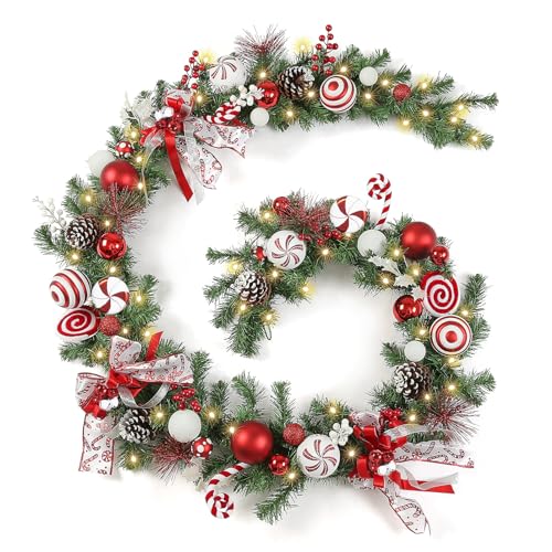 WBHome Red & White 9 Ft Christmas Garland with 50 LED Lights – Candy Shop Theme