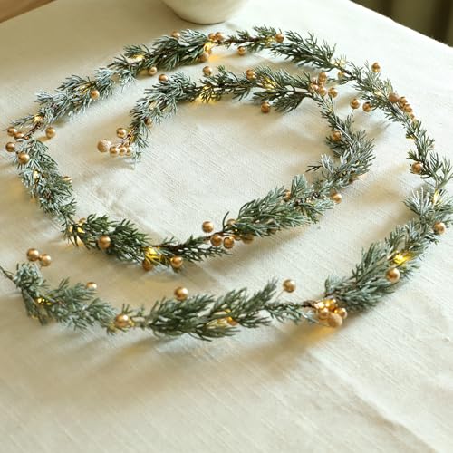 Sunset Home 6.5Ft Battery-Operated Christmas Garland with Lights, Gold Berries & Remote, Indoor Outdoor