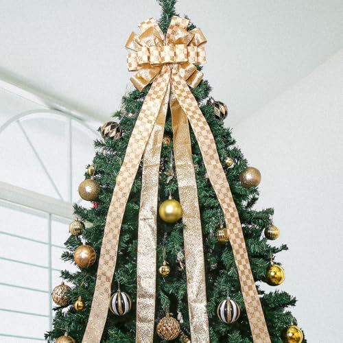 Gold Christmas Tree Topper Bow 52x13 Inches with Glitter Streamer & Ribbon