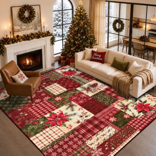 AtawLege 8' x 10' Christmas Patchwork Area Rug - Non-Slip, Washable