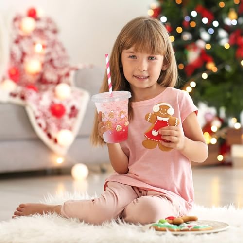50 Pack Christmas Disposable Plastic Cups with Lids & Straws - Pink Gingerbread Theme, 12oz Party Supplies