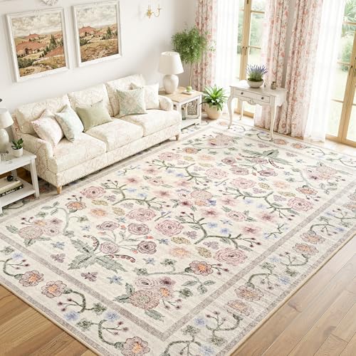 Floral Pink 8x10 Area Rug for Living Room & Bedroom Non-Slip Carpet with Rubber Backing