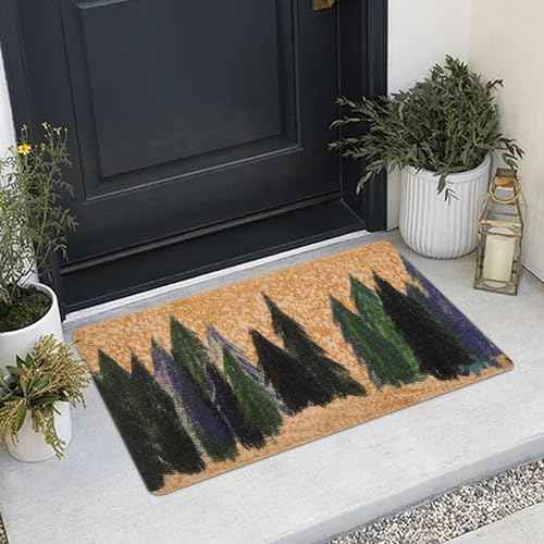 Christmas Pine-Trees-Snowflake Welcome-Doormat,Non Slip Coir Entry Doormat Festival Rugs Decration 17" x 29"