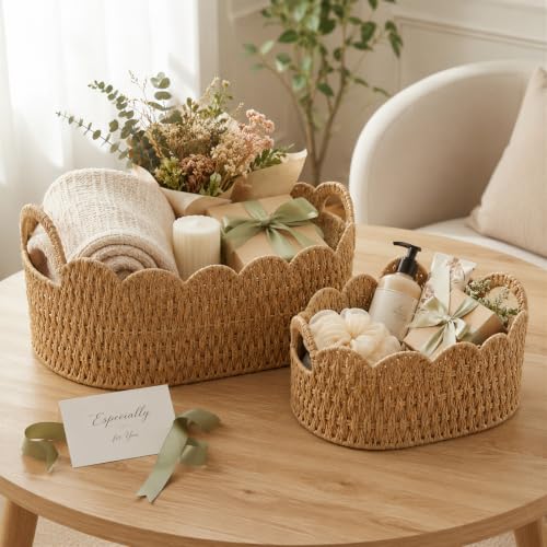 Natural Paper Rope Scalloped Basket Set of 2 - Wicker Storage Baskets for Shelves, Toys, Gifts & Decor