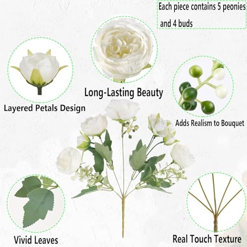 Artificial Peonies Flowers Bouquets - White, 12 Stems for Home & Wedding Decor - Variation of THIS listing