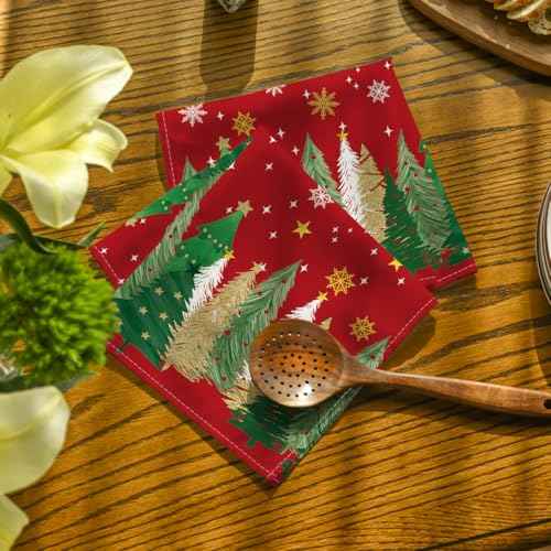 Horaldaily Christmas Cloth Napkins 18 x 18 Inch, Christmas Pine Tree Stars Red Party Dinner Decoration Washable Napkins Set of 4