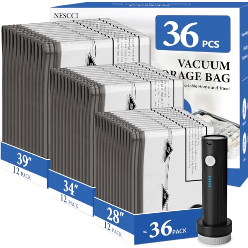 NESCCI 36 Pcs Travel Vacuum Bags with Rechargeable Wireless Pump - Combo Size Blue