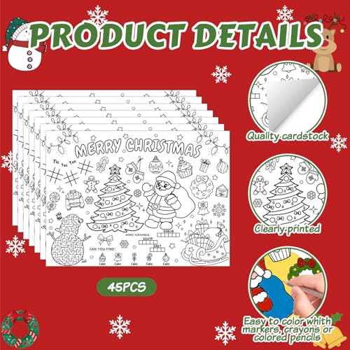 Zoyeven Christmas Disposable Coloring Placemats 45pcs Holiday Kids Crafts