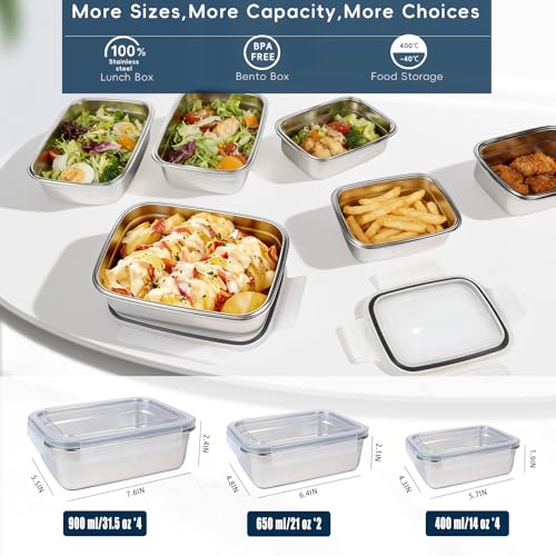 Stainless Steel Food Storage Containers Set - Leakproof Bento Lunch Box, 10 Pcs